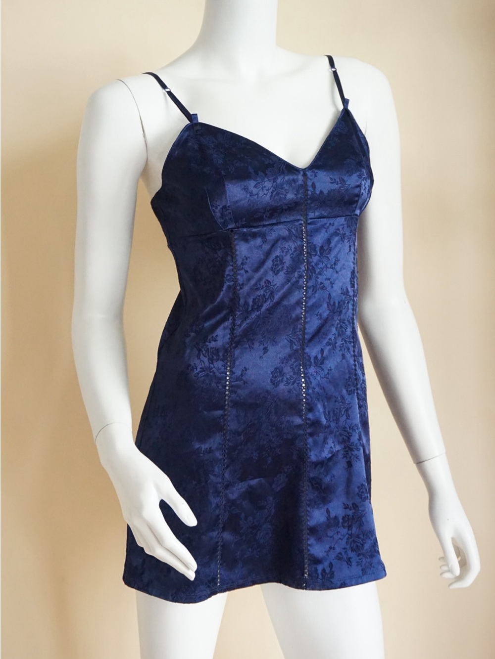 Victoria's Secret Y2K Navy Blue Floral Rose Corset Tie Back Slip Dress - Size XS